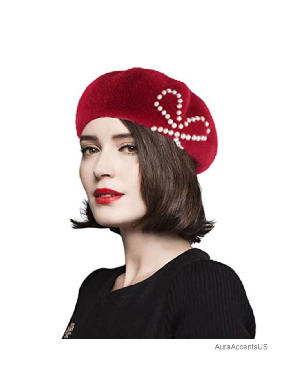 Faux Mink Beret Beanie with Pearl Bow Chic Winter Fall Hat